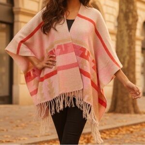 Women's Pink Patterned Sweater Poncho